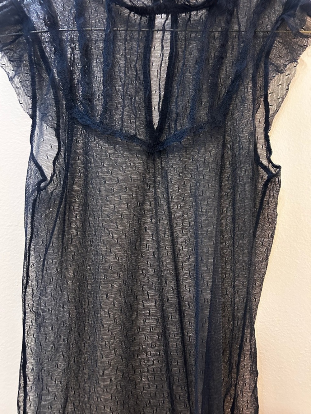 Sheer Black Ruffle-Neck Cap Sleeve Blouse - Picture 2 of 7